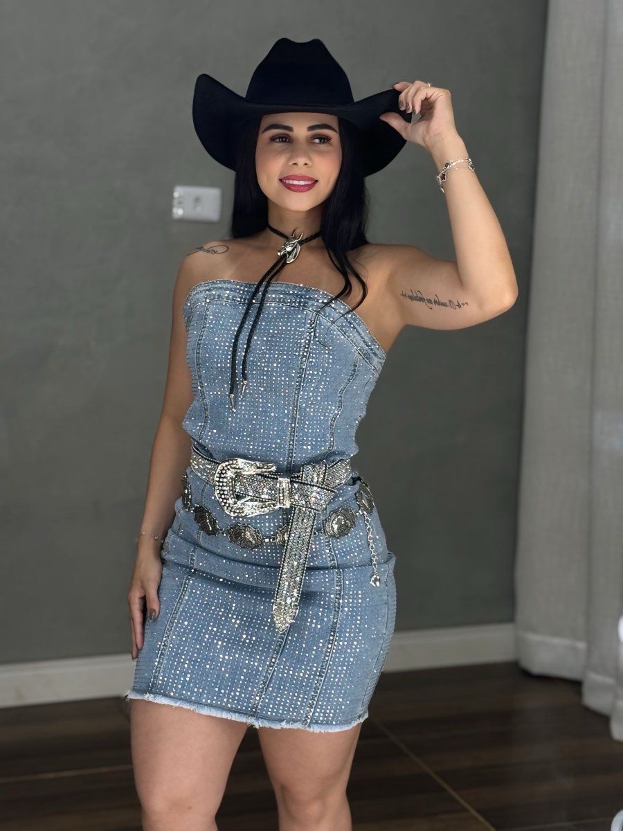 Vestido Jeans com Strass Importado | Brilho Frente e Verso com elastano - Preciosa by Catiuse Daniela