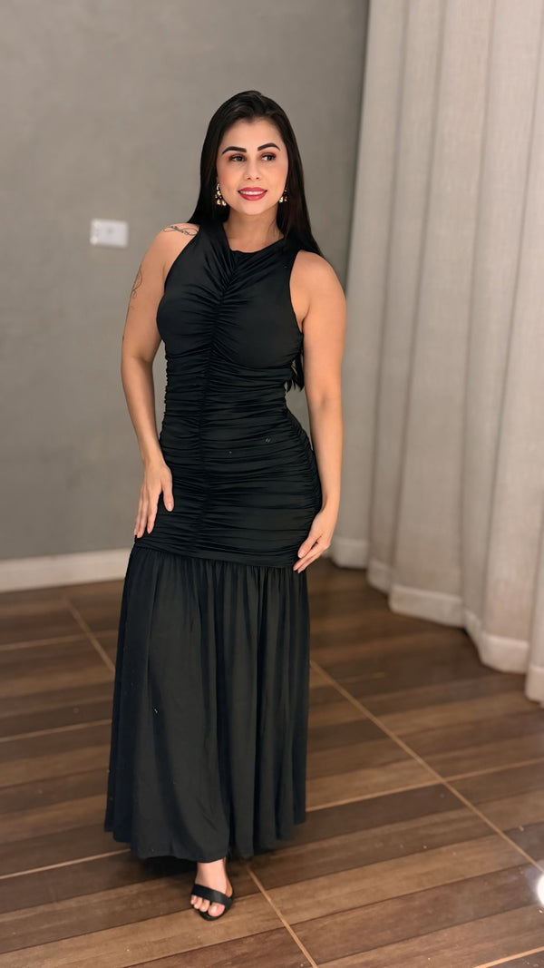 Vestido Longo Celebration e Festa em Poliamida Fluid Bege Nude | Gola Alta Regata com Bojo, Corpo Escultural Drapeado Frente e Costas - Preciosa by Catiuse Daniela