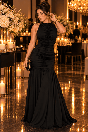 Vestido Longo Celebration e Festa em Poliamida Fluid Bege Nude | Gola Alta Regata com Bojo, Corpo Escultural Drapeado Frente e Costas - Preciosa by Catiuse Daniela
