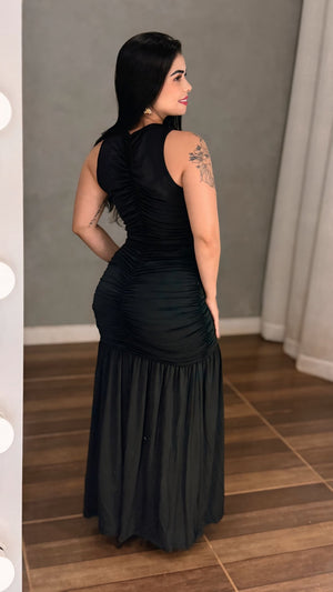 Vestido Longo Celebration e Festa em Poliamida Fluid Bege Nude | Gola Alta Regata com Bojo, Corpo Escultural Drapeado Frente e Costas - Preciosa by Catiuse Daniela