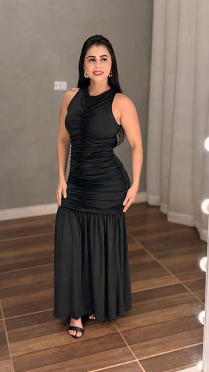 Vestido Longo Celebration e Festa em Poliamida Fluid Bege Nude | Gola Alta Regata com Bojo, Corpo Escultural Drapeado Frente e Costas - Preciosa by Catiuse Daniela