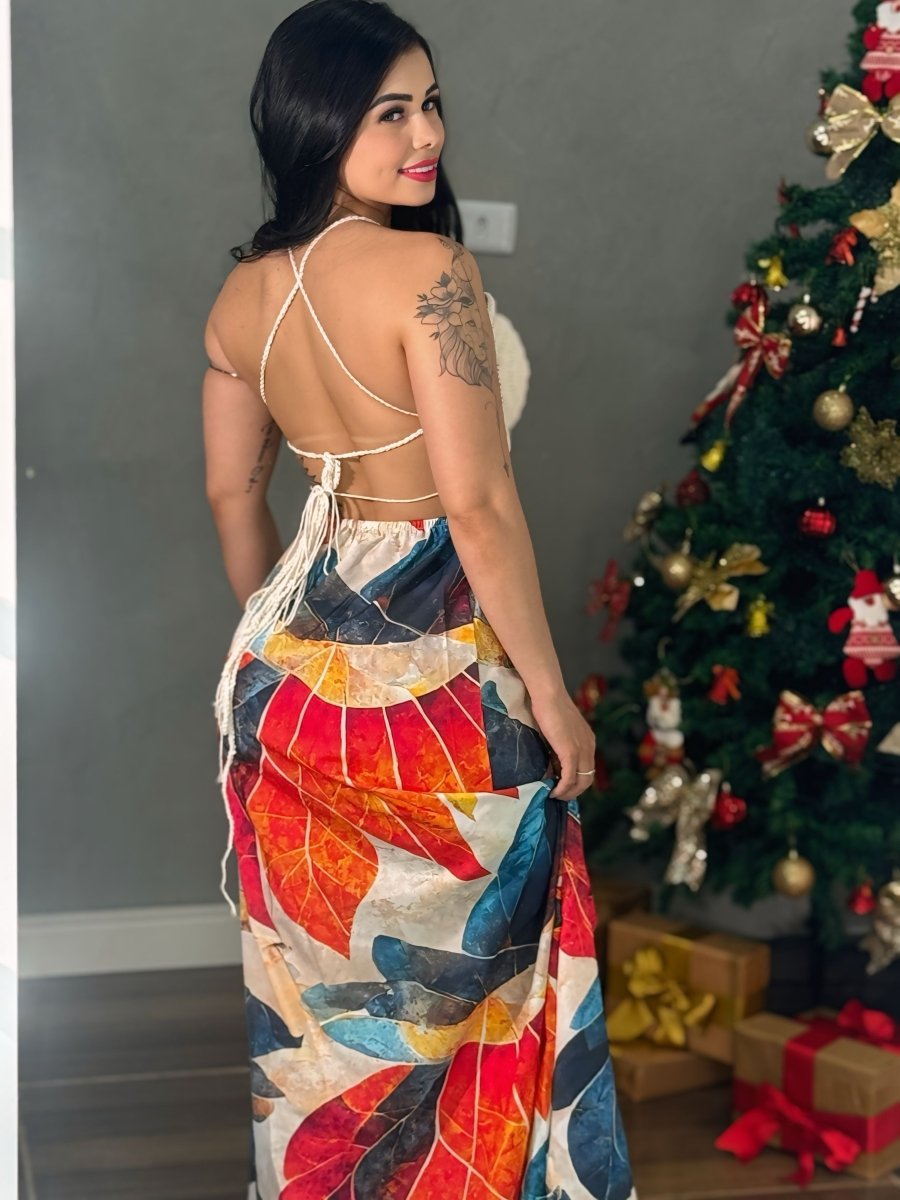 Vestido Longo Crochê e Estampa | Visco Linho e Amarração Costa Nua - Preciosa by Catiuse Daniela