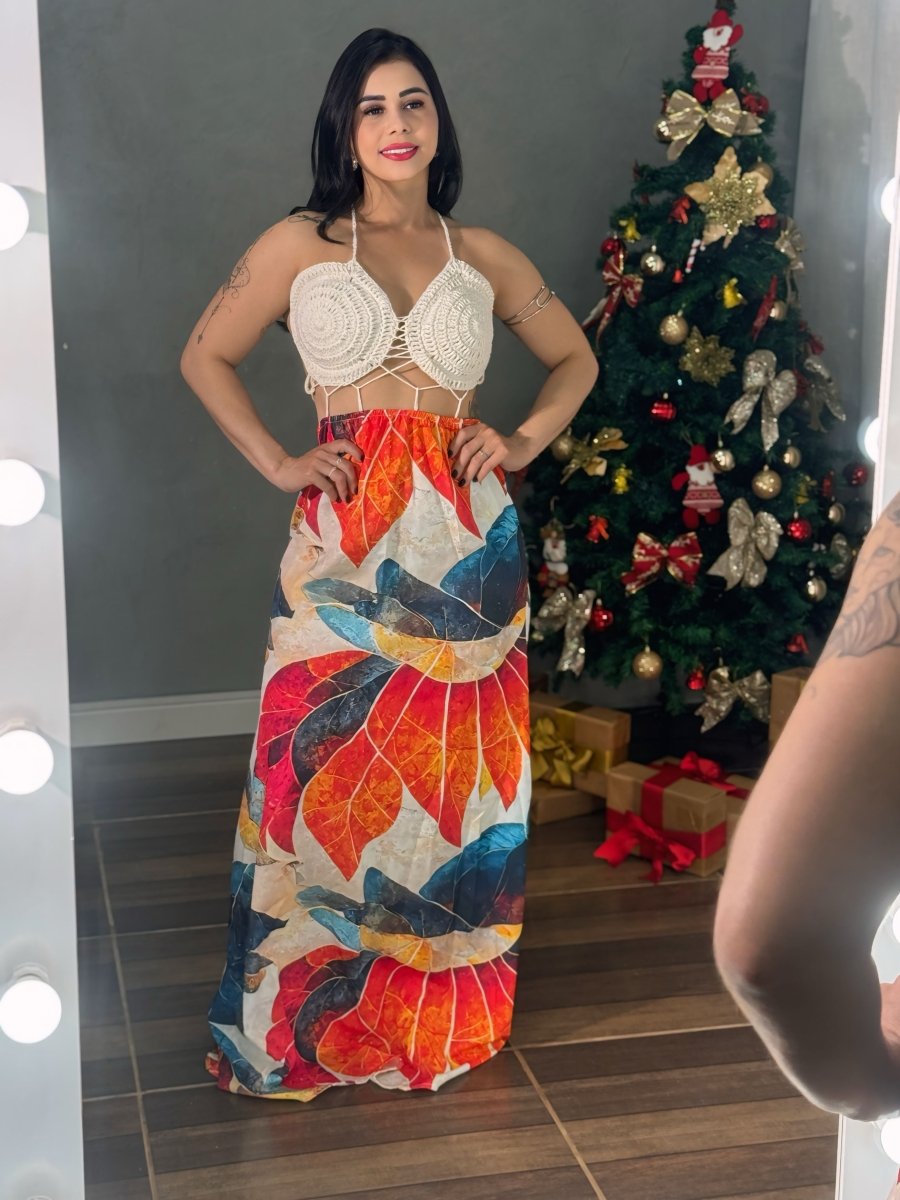 Vestido Longo Crochê e Estampa | Visco Linho e Amarração Costa Nua - Preciosa by Catiuse Daniela