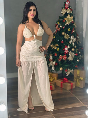 Vestido Longo Crochê e Malha | Fenda, Mousseline de Seda e Design Cut - Ou - Preciosa by Catiuse Daniela