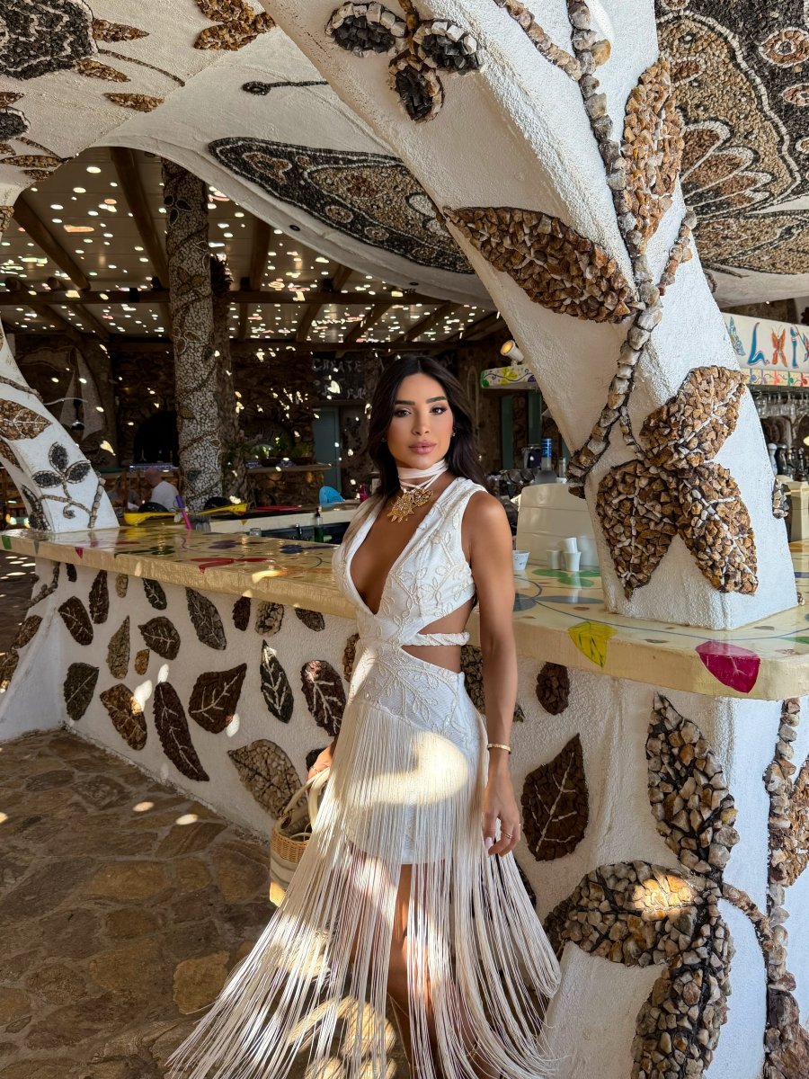 Vestido Longo Franjas Santorini | Moda Resort, Cut - Out e Crochê - Preciosa by Catiuse Daniela