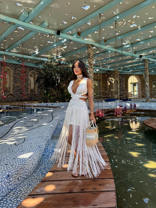 Vestido Longo Franjas Santorini | Moda Resort, Cut - Out e Crochê - Preciosa by Catiuse Daniela