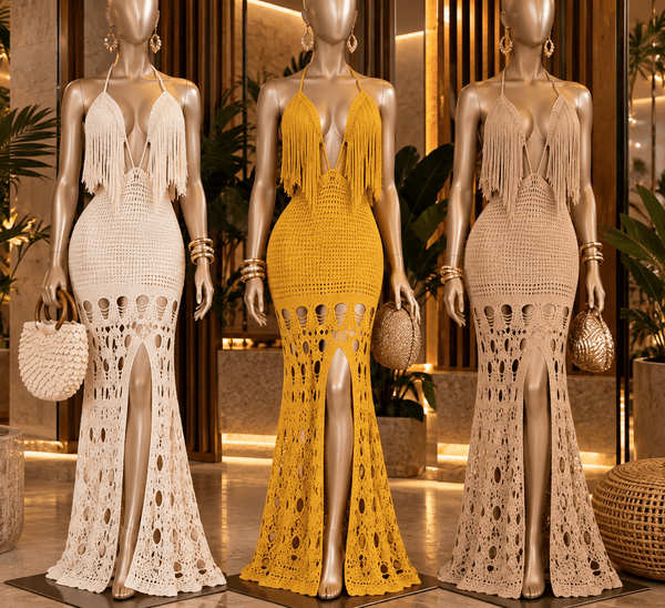 Vestido Longo Resort e Celebration Maré em Tricô de Rayon | Decote Frente Única com Franjas, Costas Abertas, Trama Vazada e Fenda Frontal - Preciosa by Catiuse Daniela