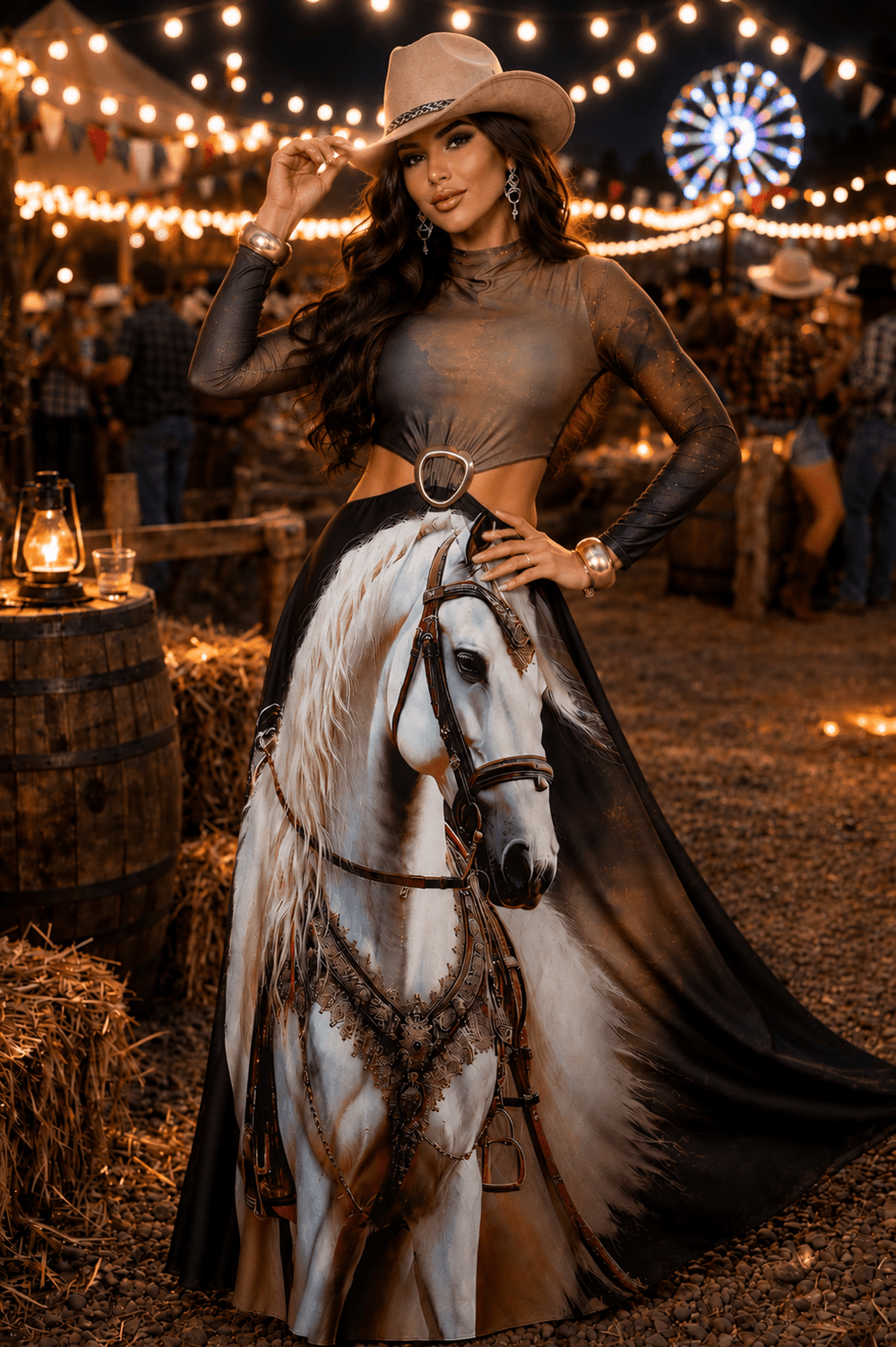 Vestido Longo Western Arizona | Tecido Fluity Poliamida Manga Longa com Bojo e Estampa Cavalo Branco - Preciosa by Catiuse Daniela