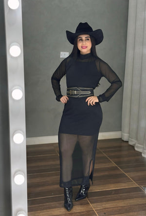 Vestido Noite Luxo Maitê | Transparência em Tule Premium Mídi com Gola Alta e Vestido Forro Incluso - Preciosa by Catiuse Daniela