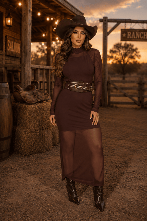 Vestido Noite Luxo Maitê | Transparência em Tule Premium Mídi com Gola Alta e Vestido Forro Incluso - Preciosa by Catiuse Daniela