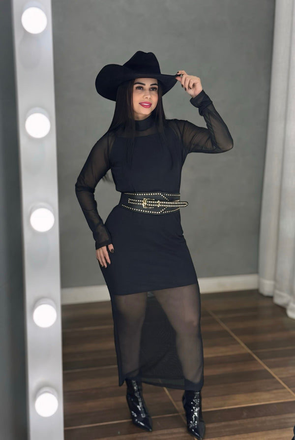 Vestido Noite Luxo Maitê | Transparência em Tule Premium Mídi com Gola Alta e Vestido Forro Incluso - Preciosa by Catiuse Daniela