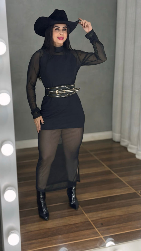 Vestido Noite Luxo Maitê | Transparência em Tule Premium Mídi com Gola Alta e Vestido Forro Incluso - Preciosa by Catiuse Daniela