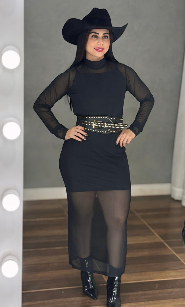 Vestido Noite Luxo Maitê | Transparência em Tule Premium Mídi com Gola Alta e Vestido Forro Incluso - Preciosa by Catiuse Daniela