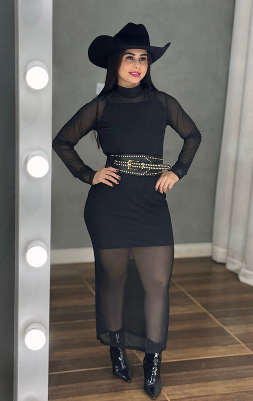 Vestido Noite Luxo Maitê | Transparência em Tule Premium Mídi com Gola Alta e Vestido Forro Incluso - Preciosa by Catiuse Daniela