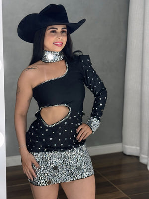 Vestido Ombro Só Helena | Pedrarias e Espelho Luxo, Recorte Cut - Out - Preciosa by Catiuse Daniela