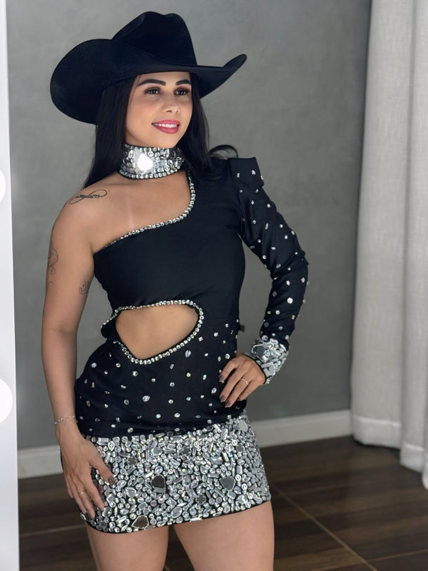 Vestido Ombro Só Helena | Pedrarias e Espelho Luxo, Recorte Cut - Out - Preciosa by Catiuse Daniela