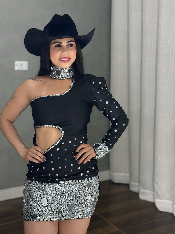 Vestido Ombro Só Helena | Pedrarias e Espelho Luxo, Recorte Cut - Out - Preciosa by Catiuse Daniela