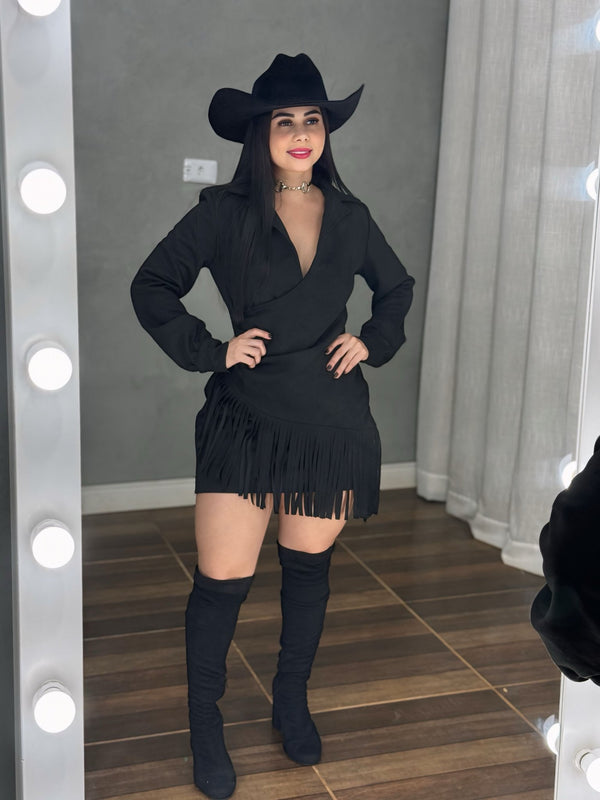Vestido Western Blazer Luxo | Suede Premium com Decote Transpassado e Franjas - Preciosa by Catiuse Daniela