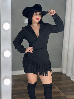 Vestido Western Blazer Luxo | Suede Premium com Decote Transpassado e Franjas - Preciosa by Catiuse Daniela
