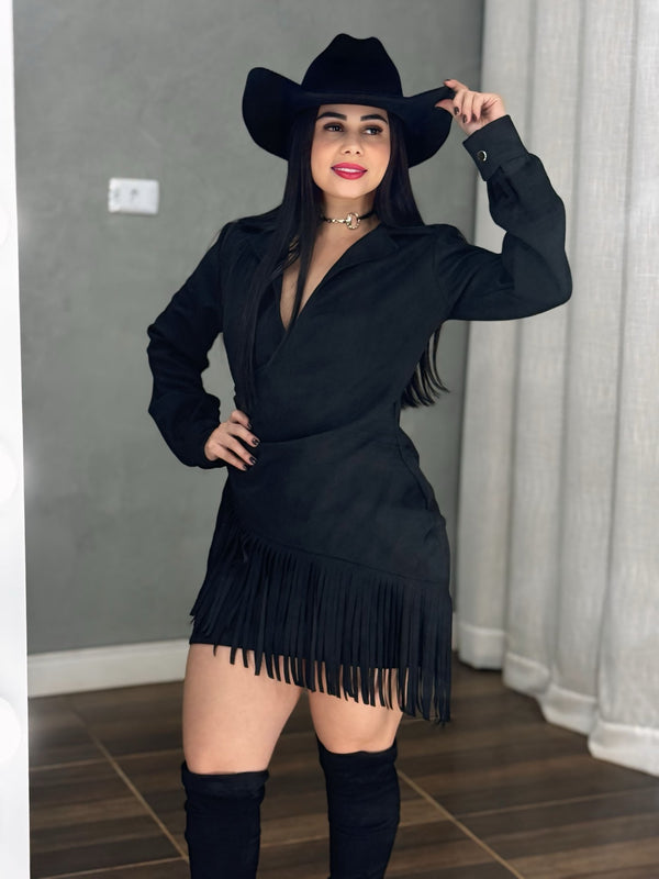 Vestido Western Blazer Luxo | Suede Premium com Decote Transpassado e Franjas - Preciosa by Catiuse Daniela
