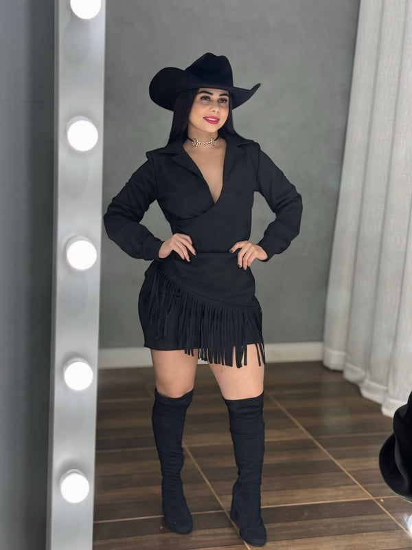 Vestido Western Blazer Luxo | Suede Premium com Decote Transpassado e Franjas - Preciosa by Catiuse Daniela