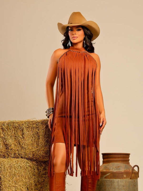 Vestido Western Juliana Luxo | Suede Premium Frente Única com Taxas e Franjas Longas - Preciosa by Catiuse Daniela