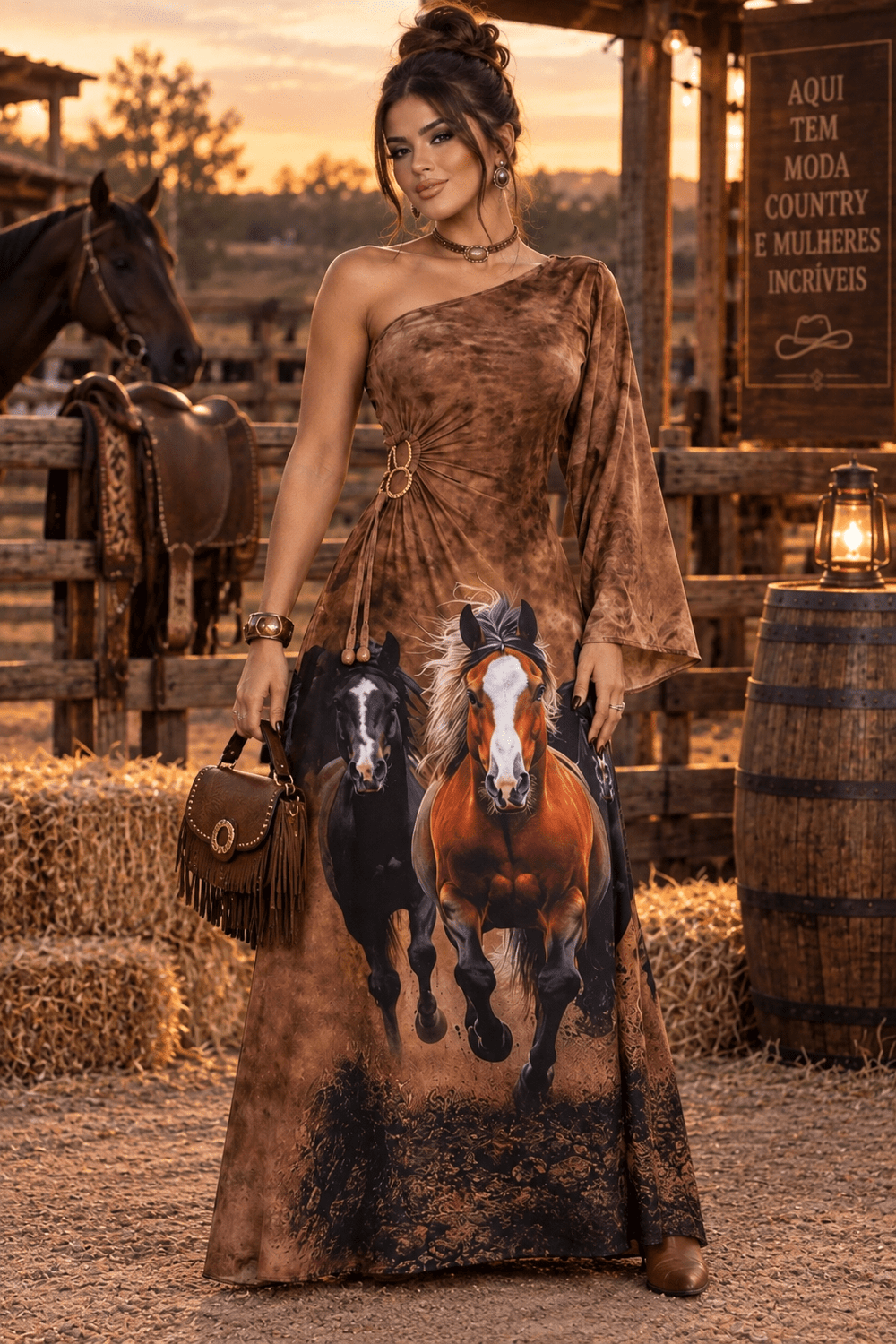 Vestido Western Longo em Poliamida Fluity Marrom | Modelo Mula Manca com Manga Sino, Argola Dourada Lateral, Bojo e Estampa Exclusiva de Cavalos - Preciosa by Catiuse Daniela