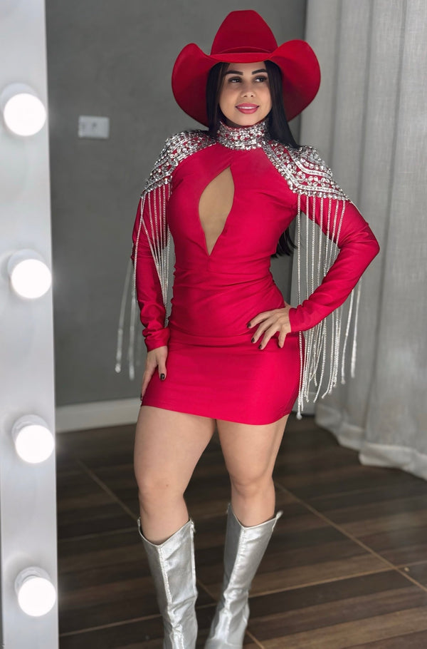 Vestido Western Ombreira Luxo | Poliamida Beach Gloss com Pedrarias e Franjas de Corrente - Preciosa by Catiuse Daniela