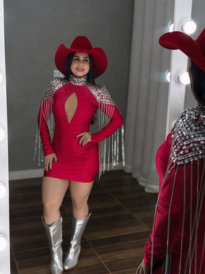 Vestido Western Ombreira Luxo | Poliamida Beach Gloss com Pedrarias e Franjas de Corrente - Preciosa by Catiuse Daniela
