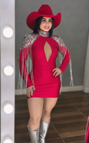 Vestido Western Ombreira Luxo | Poliamida Beach Gloss com Pedrarias e Franjas de Corrente - Preciosa by Catiuse Daniela