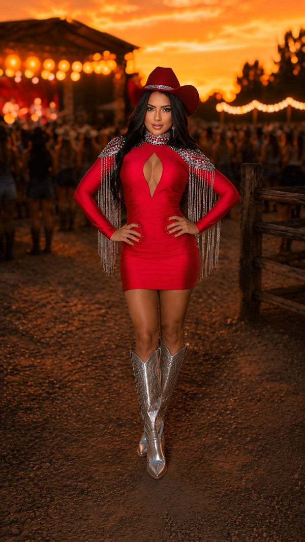 Vestido Western Ombreira Luxo | Poliamida Beach Gloss com Pedrarias e Franjas de Corrente - Preciosa by Catiuse Daniela