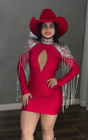 Vestido Western Ombreira Luxo | Poliamida Beach Gloss com Pedrarias e Franjas de Corrente - Preciosa by Catiuse Daniela