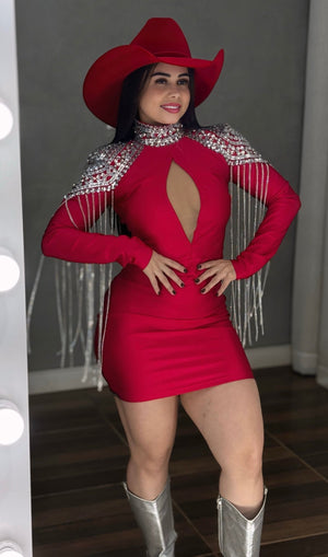 Vestido Western Ombreira Luxo | Poliamida Beach Gloss com Pedrarias e Franjas de Corrente - Preciosa by Catiuse Daniela