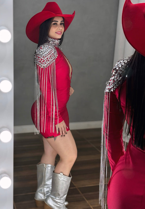 Vestido Western Ombreira Luxo | Poliamida Beach Gloss com Pedrarias e Franjas de Corrente - Preciosa by Catiuse Daniela