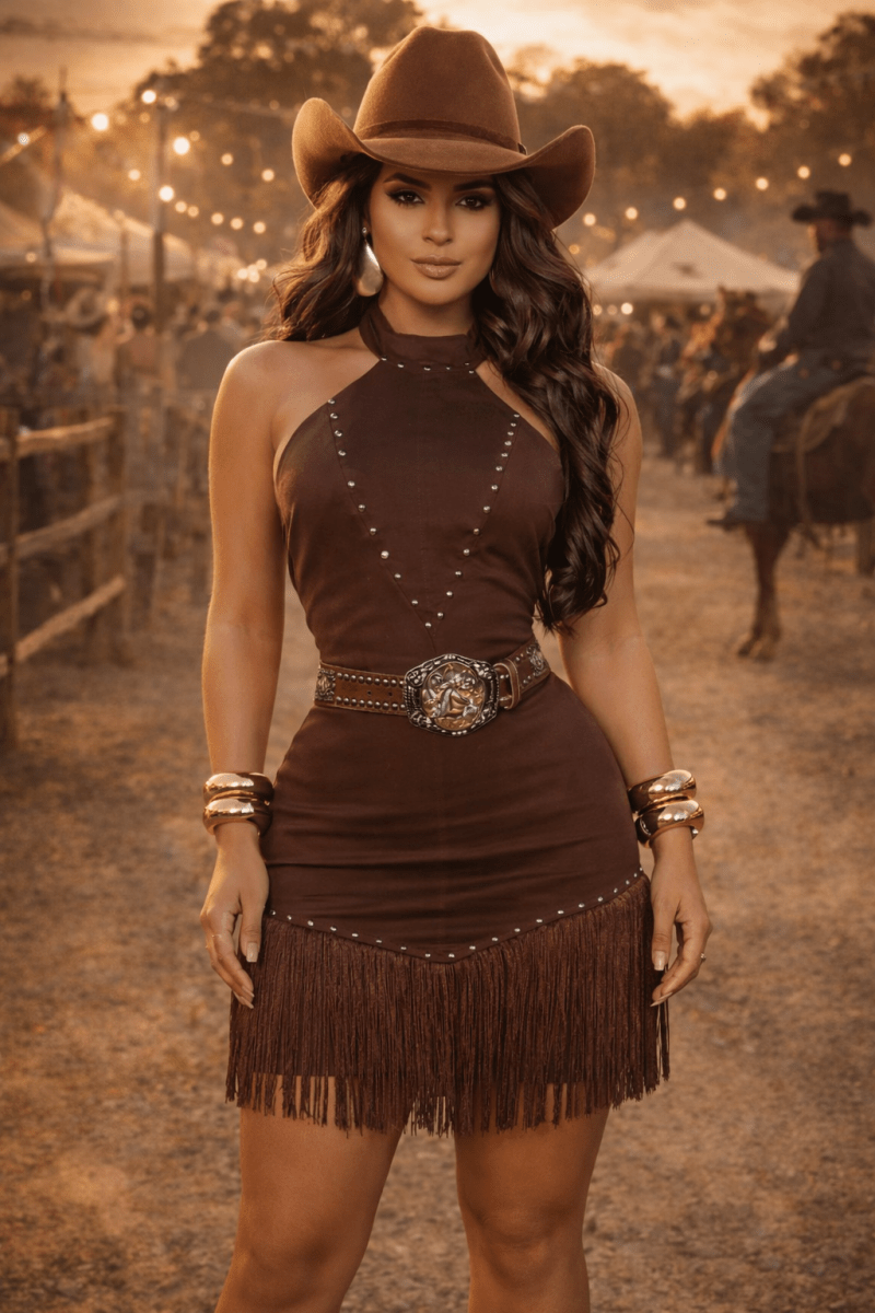 Vestido Western Raissa Luxo | Tecido Sarja com Detalhes em Taxas e Franjas - Preciosa by Catiuse Daniela