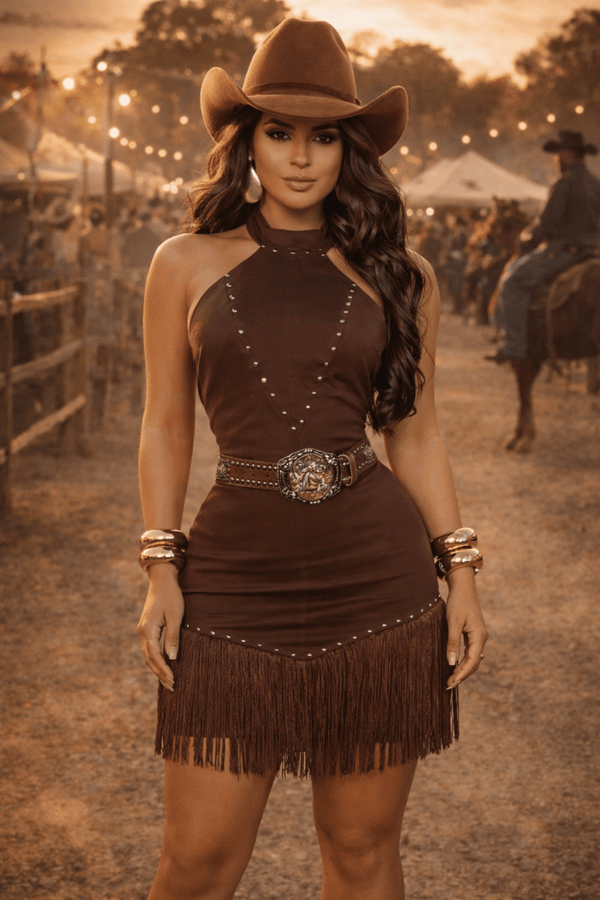 Vestido Western Raissa Luxo | Tecido Sarja com Detalhes em Taxas e Franjas - Preciosa by Catiuse Daniela