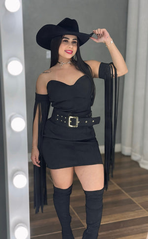 Vestido Western Texana Luxo | Suede Premium Tomara-que-Caia com Cinto e Franjas - Preciosa by Catiuse Daniela