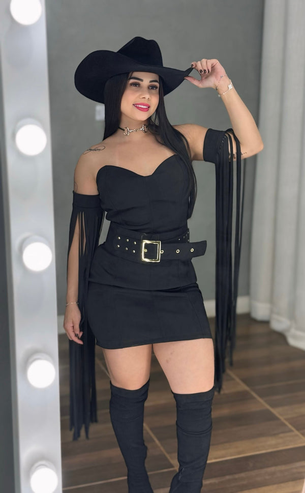 Vestido Western Texana Luxo | Suede Premium Tomara-que-Caia com Cinto e Franjas - Preciosa by Catiuse Daniela