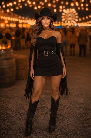 Vestido Western Texana Luxo | Suede Premium Tomara-que-Caia com Cinto e Franjas - Preciosa by Catiuse Daniela