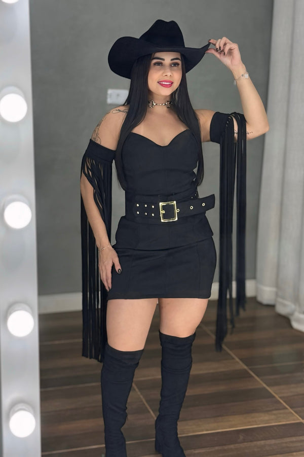 Vestido Western Texana Luxo | Suede Premium Tomara-que-Caia com Cinto e Franjas - Preciosa by Catiuse Daniela